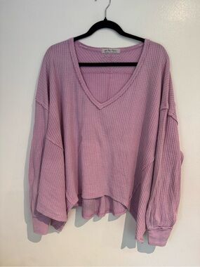 We The Free Waffle-Knit V-Neck Pullover - Light Pink Oversized Size Small